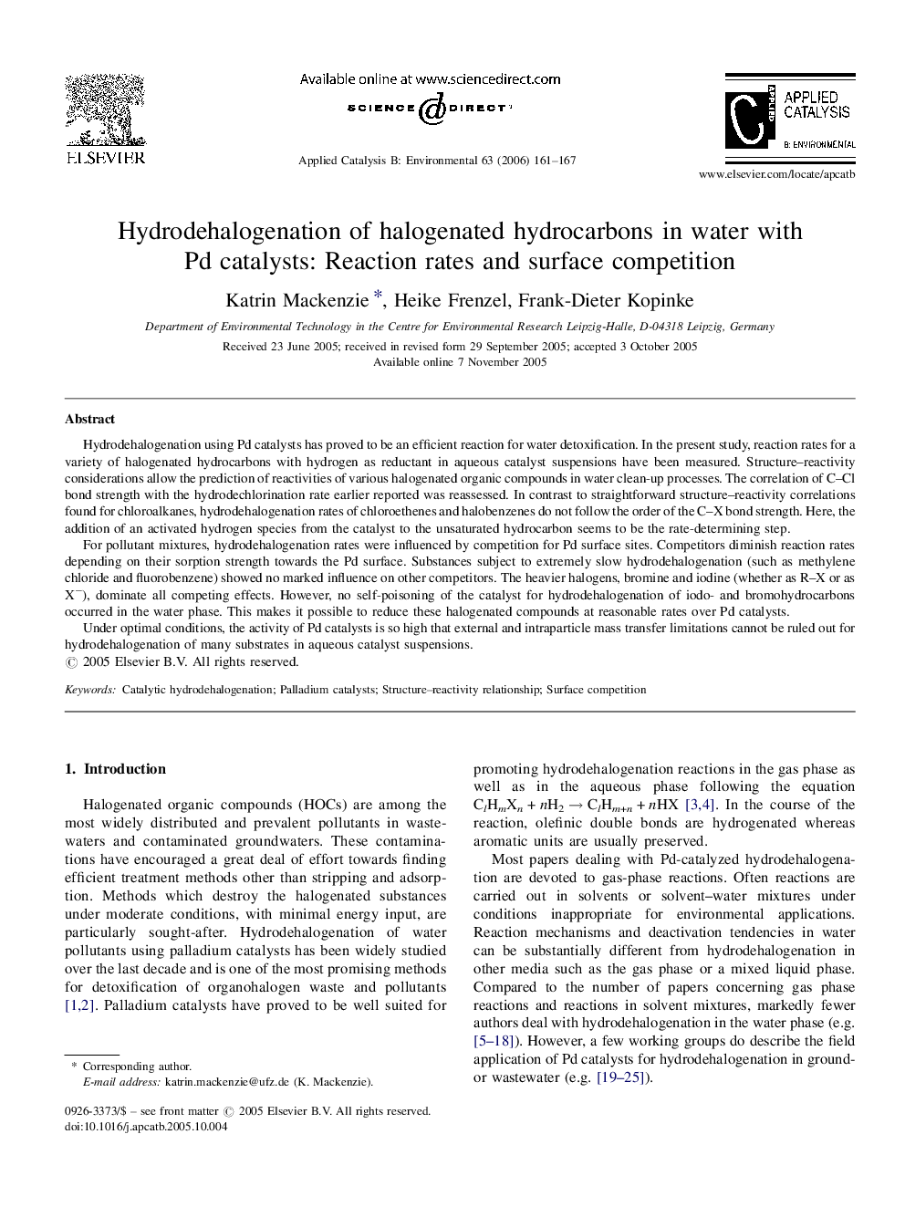 Hydrodehalogenation of halogenated hydrocarbons in water with Pd catalysts: Reaction rates and surface competition