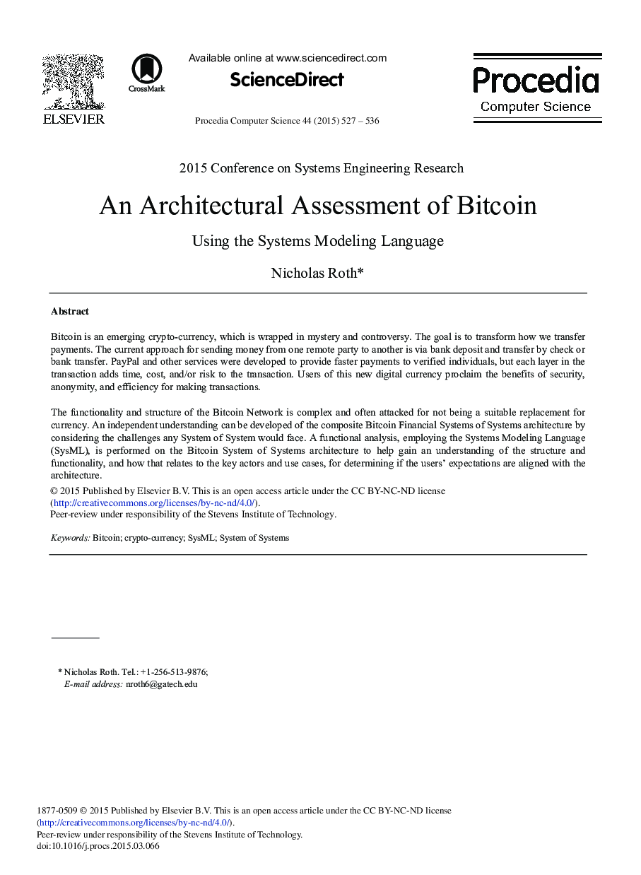 عکس صفحه اول مقاله: An Architectural Assessment of Bitcoin: Using the Systems Modeling Language An Architectural Assessment of Bitcoin: Using the Systems Modeling Language