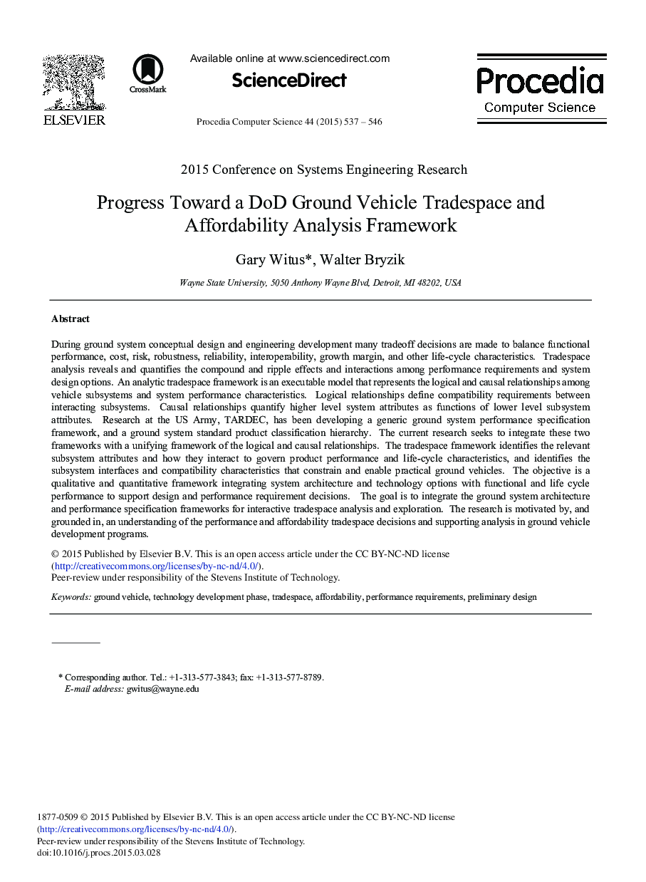 Progress toward a DoD Ground Vehicle Tradespace and Affordability Analysis Framework 