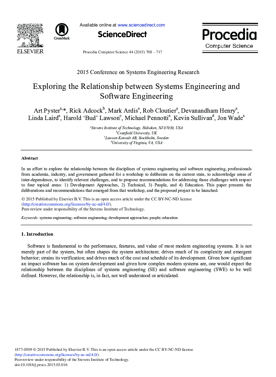 Exploring the Relationship between Systems Engineering and Software Engineering 