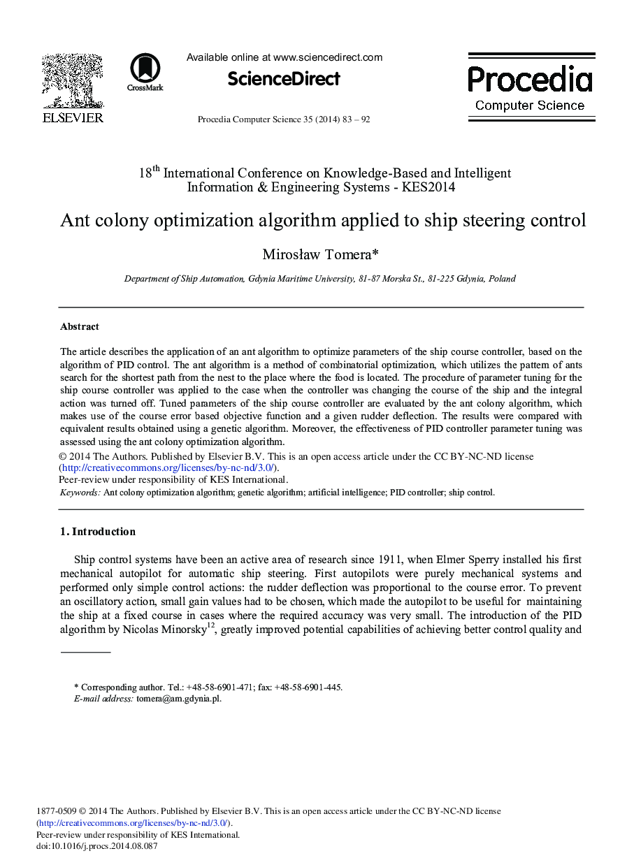Ant Colony Optimization Algorithm Applied to Ship Steering Control 