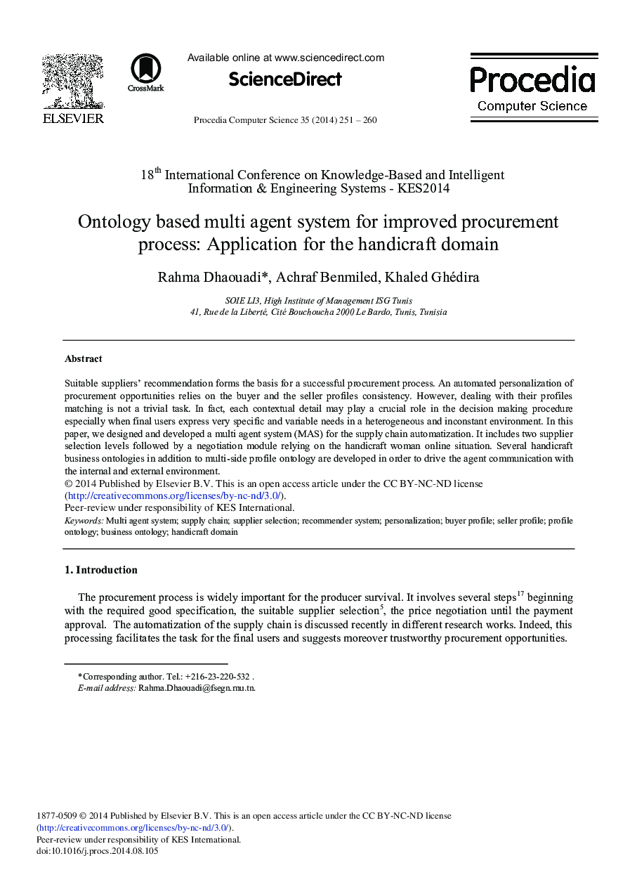 Ontology based Multi Agent System for Improved Procurement Process: Application for the Handicraft Domain 