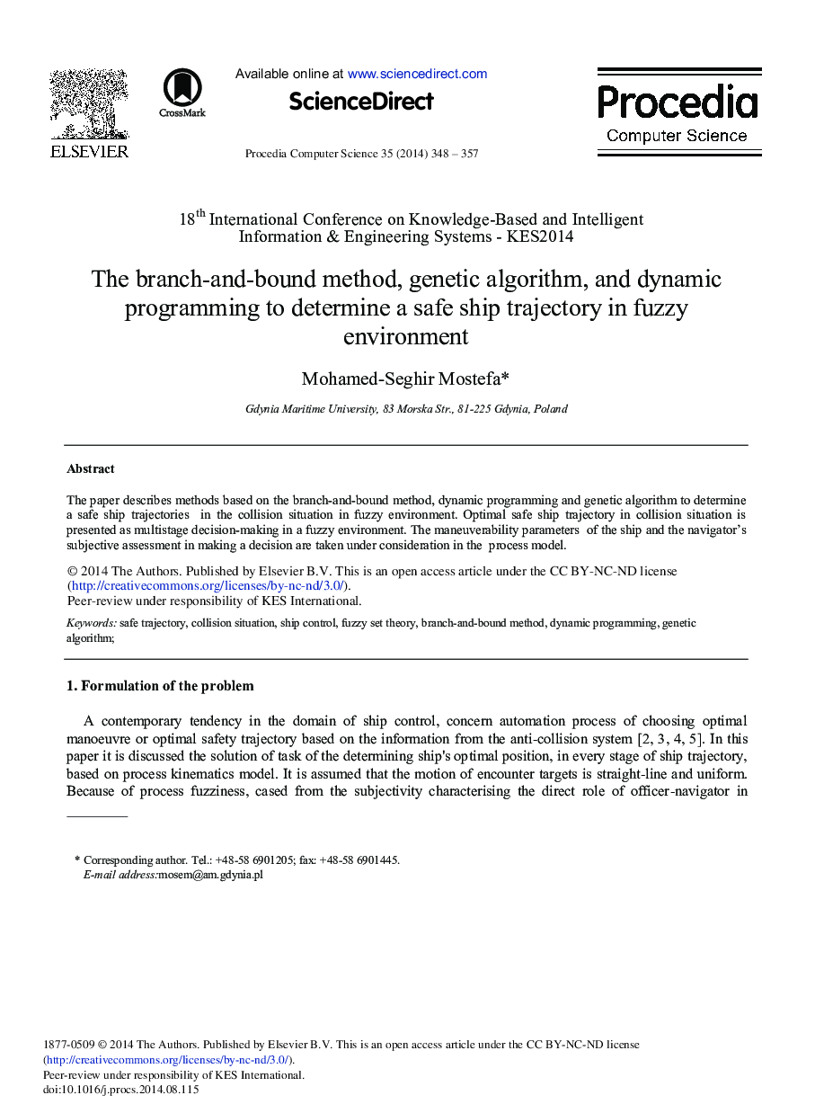 The Branch-and-bound Method, Genetic Algorithm, and Dynamic Programming to Determine a Safe Ship Trajectory in Fuzzy Environment 