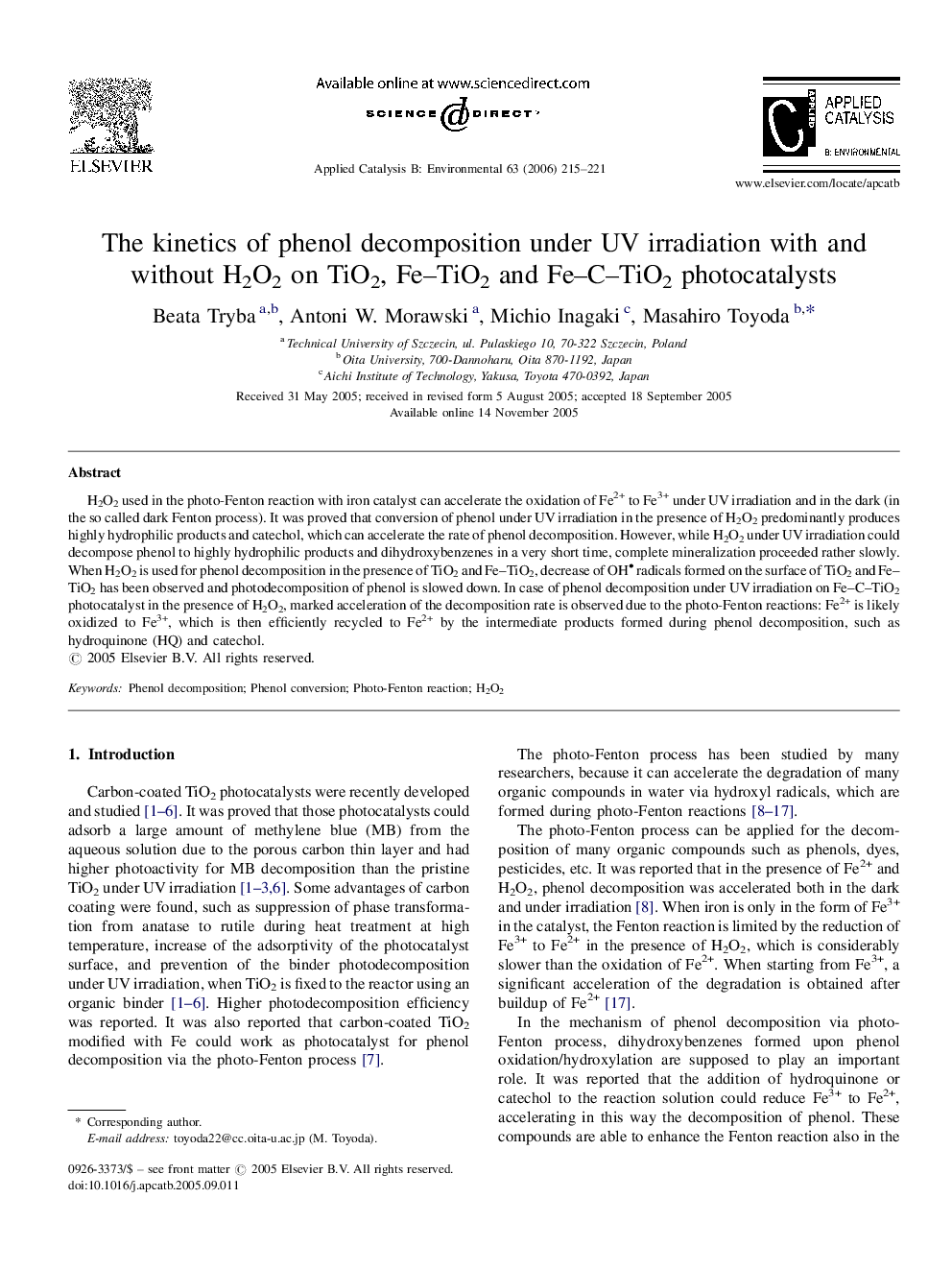 The kinetics of phenol decomposition under UV irradiation with and without H2O2 on TiO2, Fe–TiO2 and Fe–C–TiO2 photocatalysts