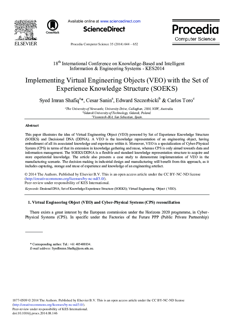 Implementing Virtual Engineering Objects (VEO) with the Set of Experience Knowledge Structure (SOEKS) 