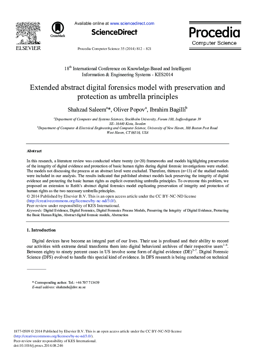 Extended Abstract Digital Forensics Model with Preservation and Protection as Umbrella Principles 