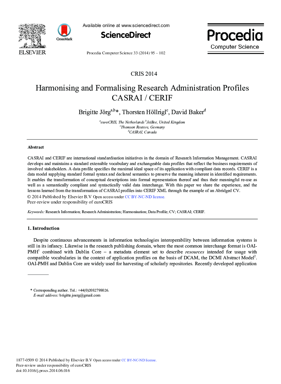 Harmonising and Formalising Research Administration Profiles CASRAI / CERIF 