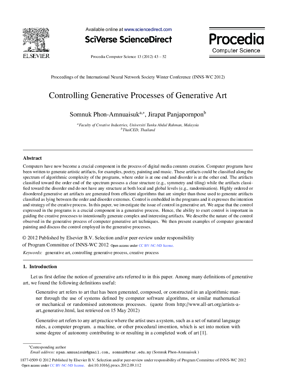 Controlling Generative Processes of Generative Art Somnuk Phon-