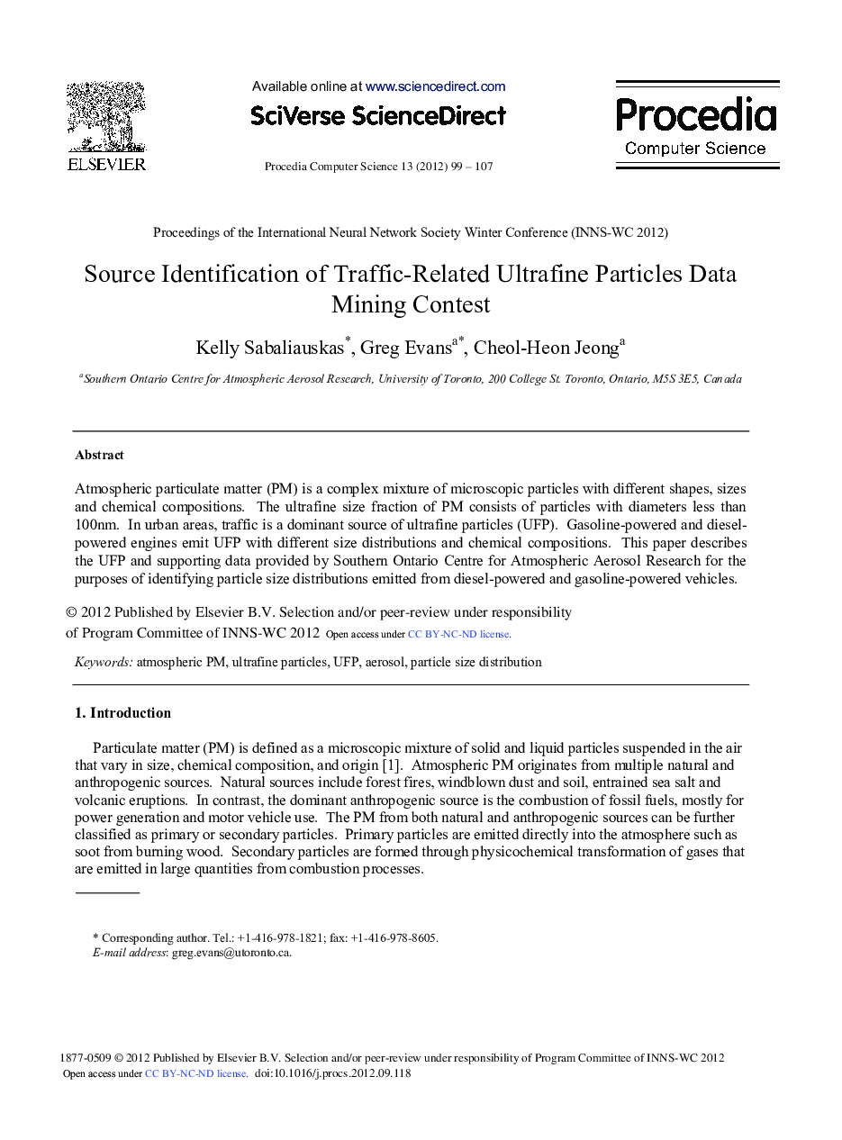 Source Identification of Traffic-Related Ultrafine Particles Data Mining Contest