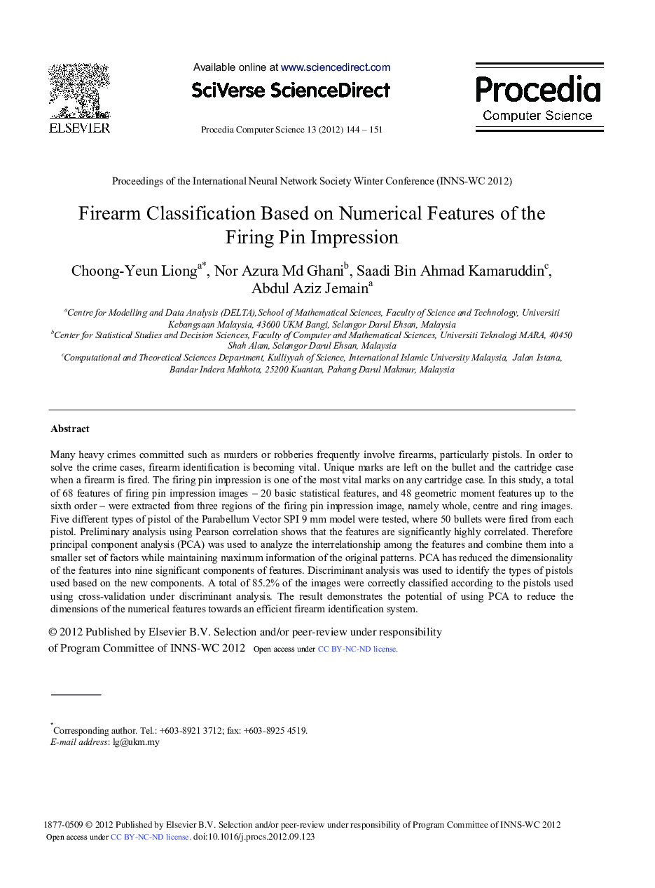 Firearm Classification Based on Numerical Features of the Firing Pin Impression