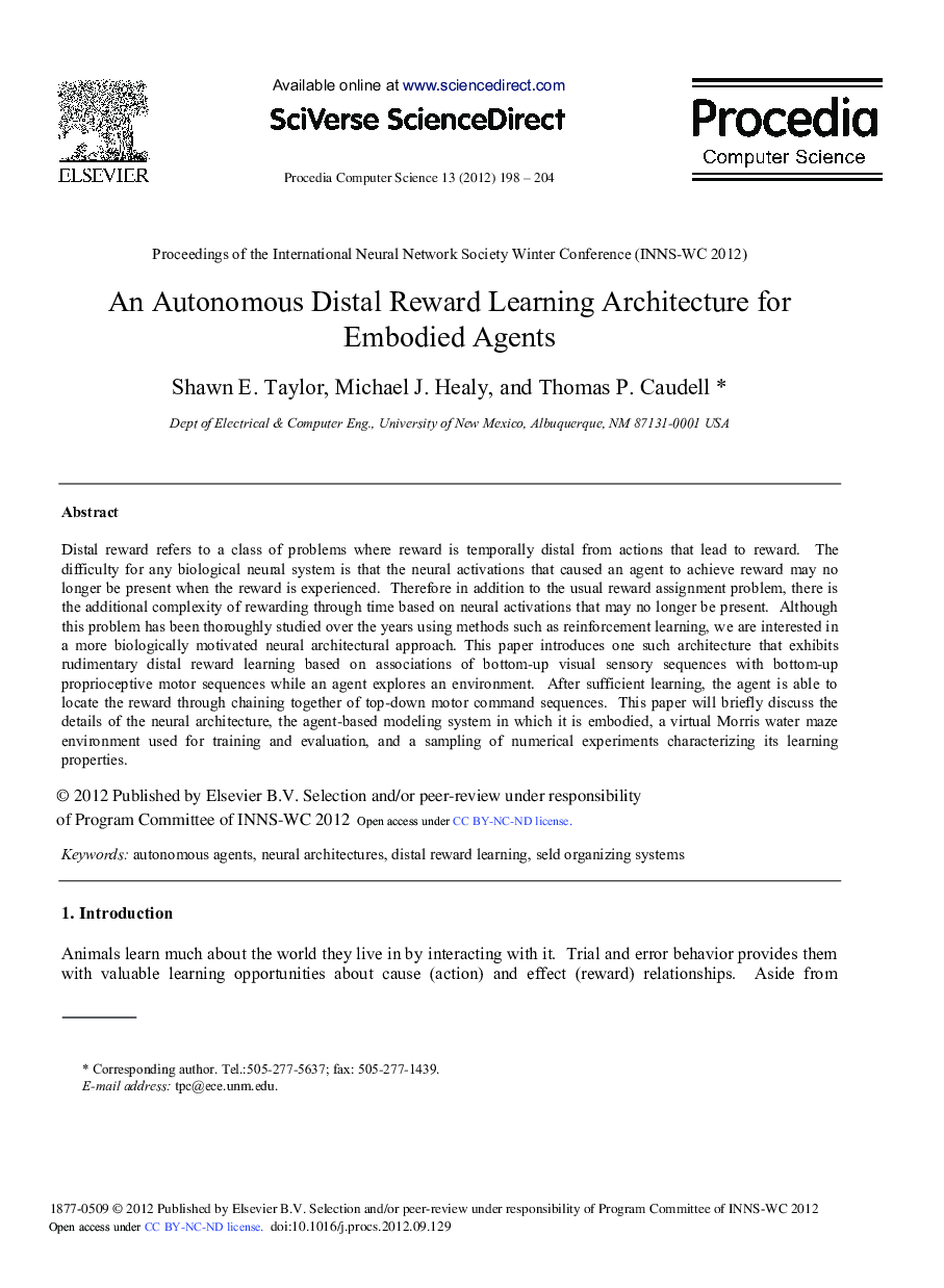 An Autonomous Distal Reward Learning Architecture for Embodied Agents