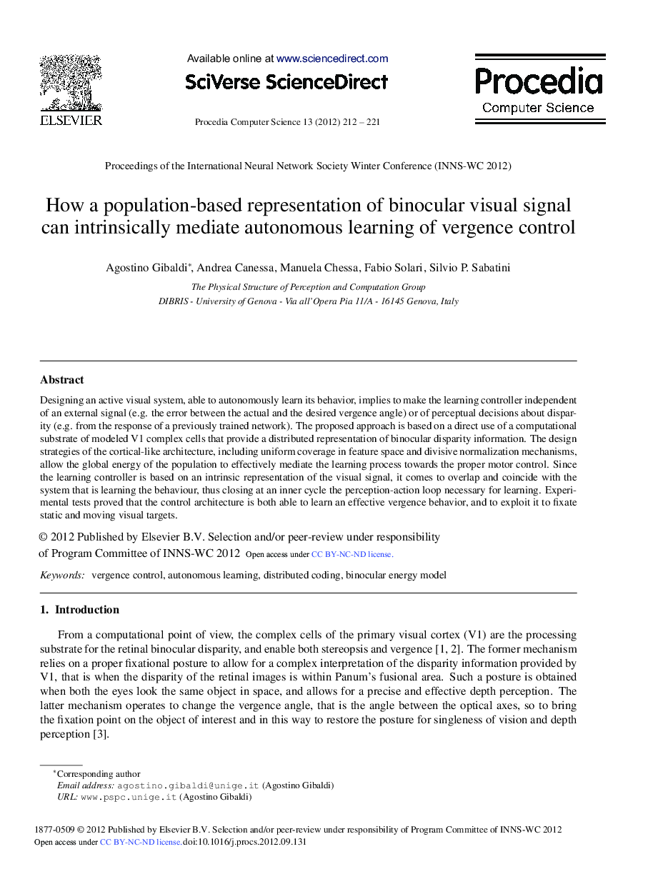 How a Population-based Representation of Binocular Visual Signal Can Intrinsically Mediate Autonomous Learning of Vergence Control