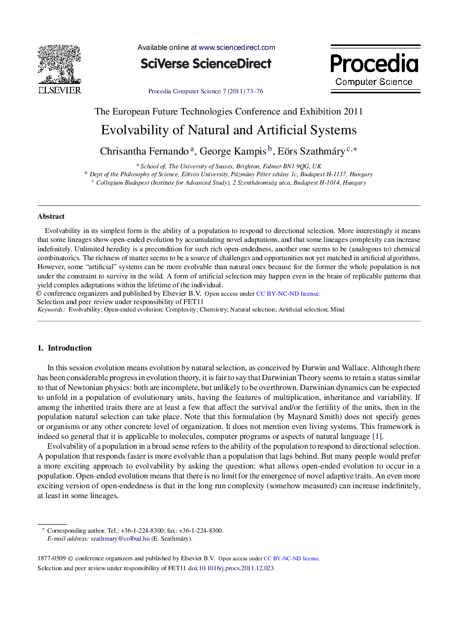 عکس صفحه اول مقاله: Evolvability of Natural and Artificial Systems Evolvability of Natural and Artificial Systems