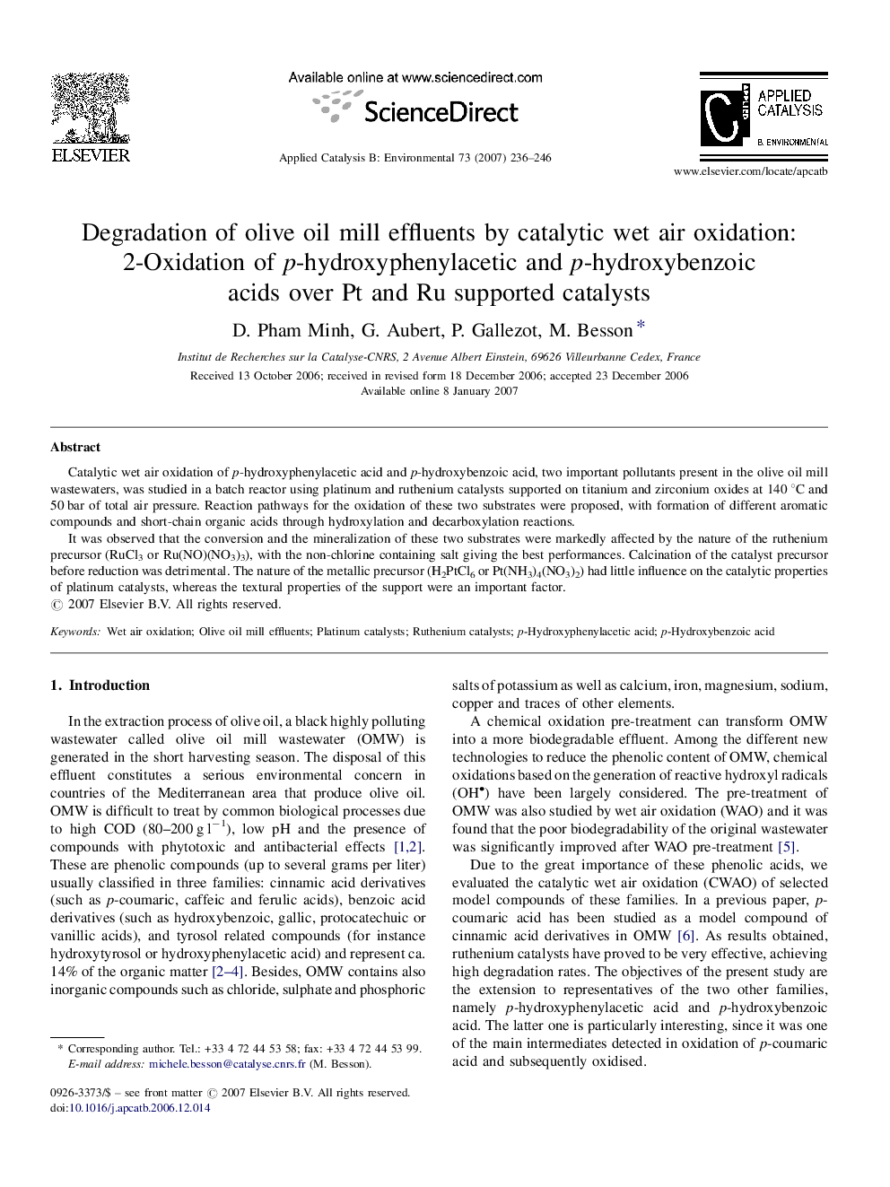 Degradation of olive oil mill effluents by catalytic wet air oxidation: 2-Oxidation of p-hydroxyphenylacetic and p-hydroxybenzoic acids over Pt and Ru supported catalysts