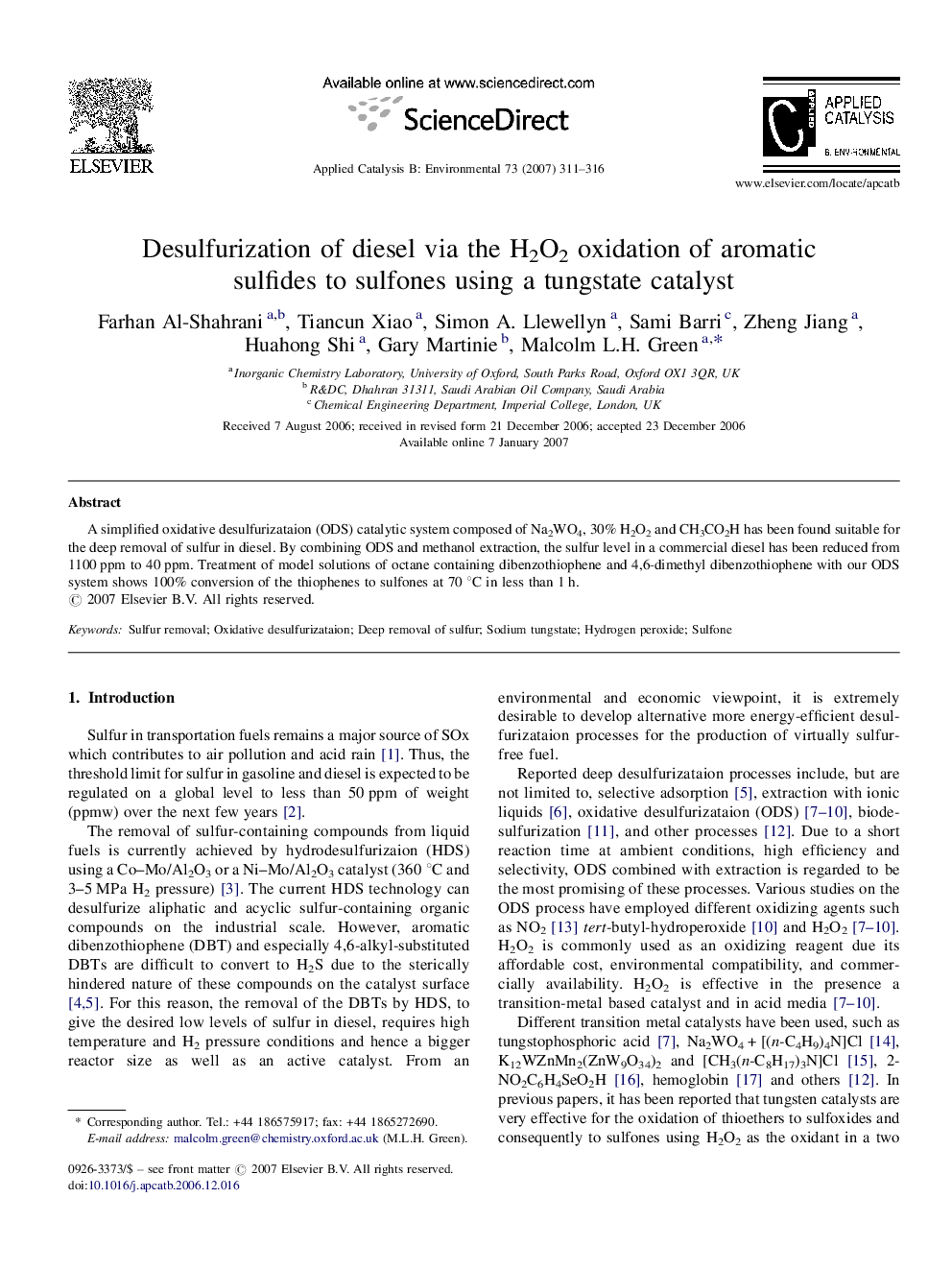 Desulfurization of diesel via the H2O2 oxidation of aromatic sulfides to sulfones using a tungstate catalyst