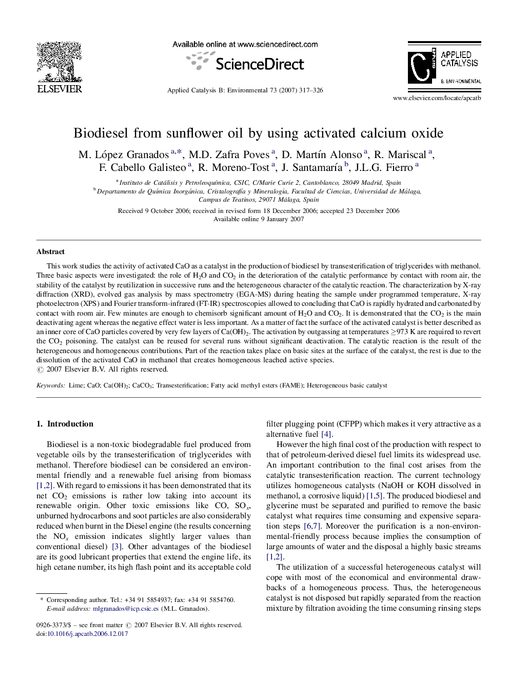 Biodiesel from sunflower oil by using activated calcium oxide