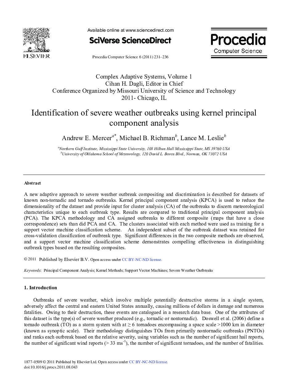 Identification of severe weather outbreaks using kernel principal component analysis