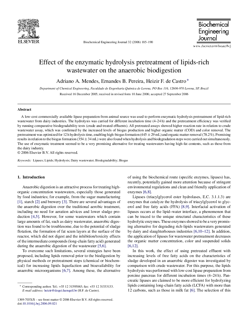 Effect of the enzymatic hydrolysis pretreatment of lipids-rich wastewater on the anaerobic biodigestion