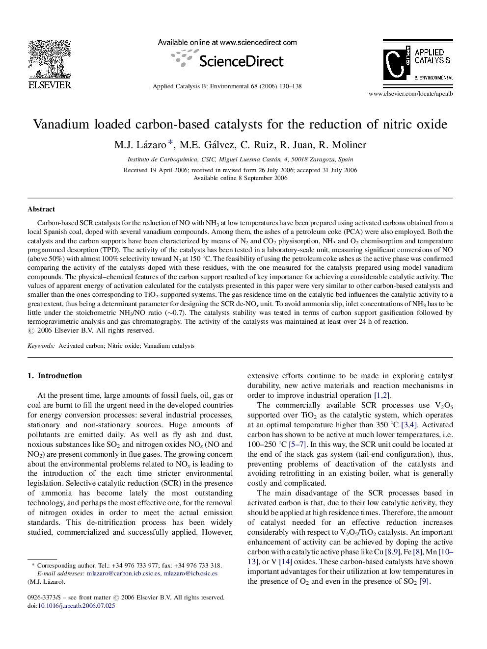 Vanadium loaded carbon-based catalysts for the reduction of nitric oxide