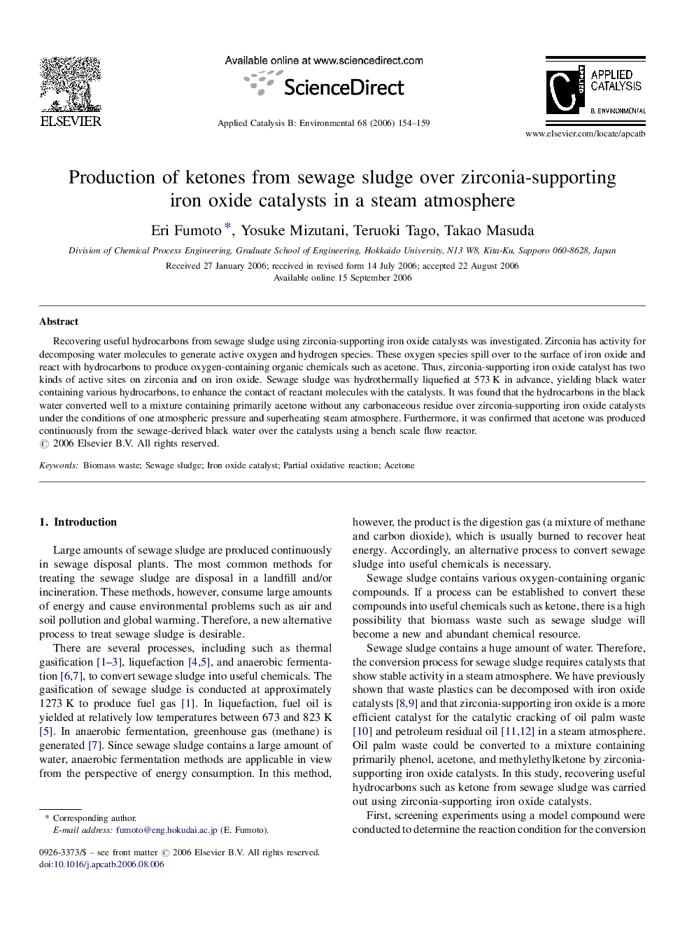 Production of ketones from sewage sludge over zirconia-supporting iron oxide catalysts in a steam atmosphere