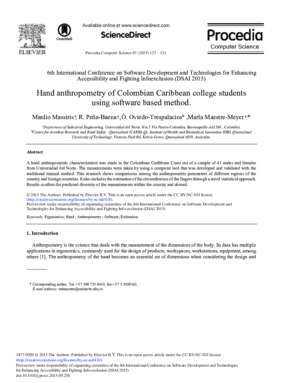 Hand Anthropometry of Colombian Caribbean College Students Using Software Based Method 