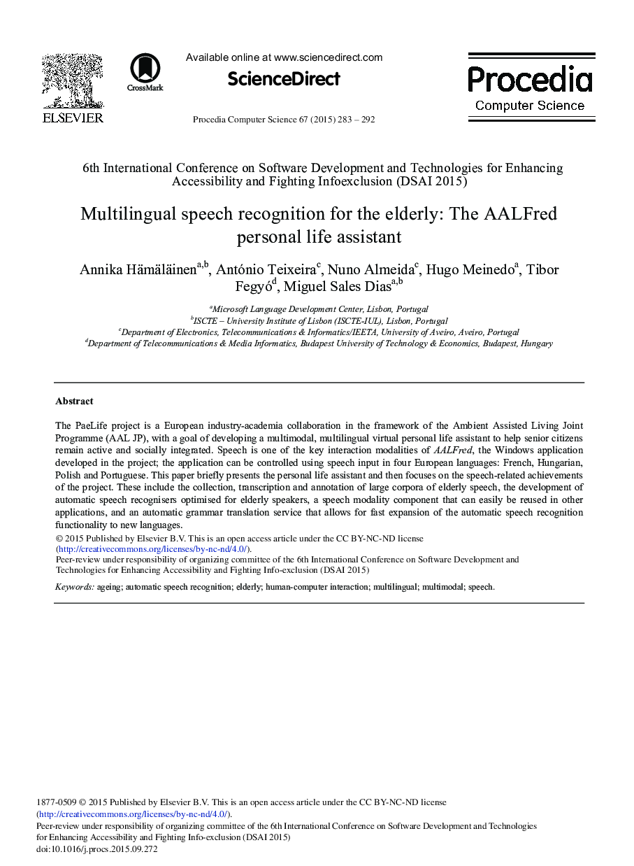 Multilingual Speech Recognition for the Elderly: The AALFred Personal Life Assistant 