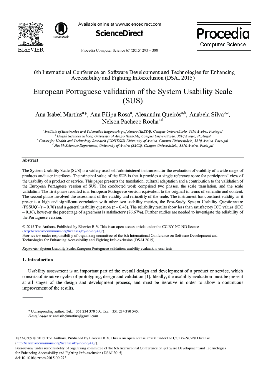 European Portuguese Validation of the System Usability Scale (SUS) 