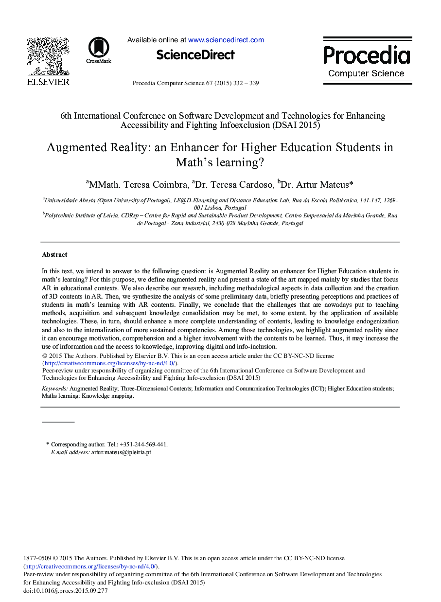 Augmented Reality: An Enhancer for Higher Education Students in Math's Learning? 