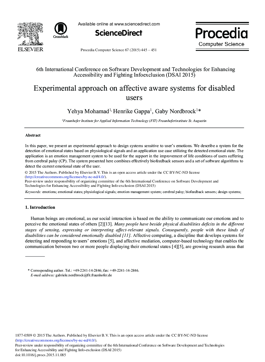 Experimental Approach on Affective Aware Systems for Disabled Users 
