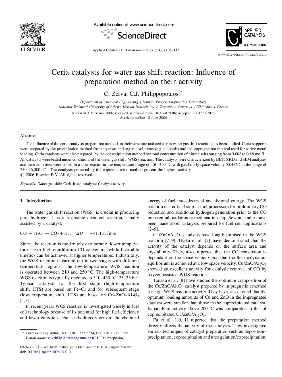 Ceria catalysts for water gas shift reaction: Influence of preparation method on their activity