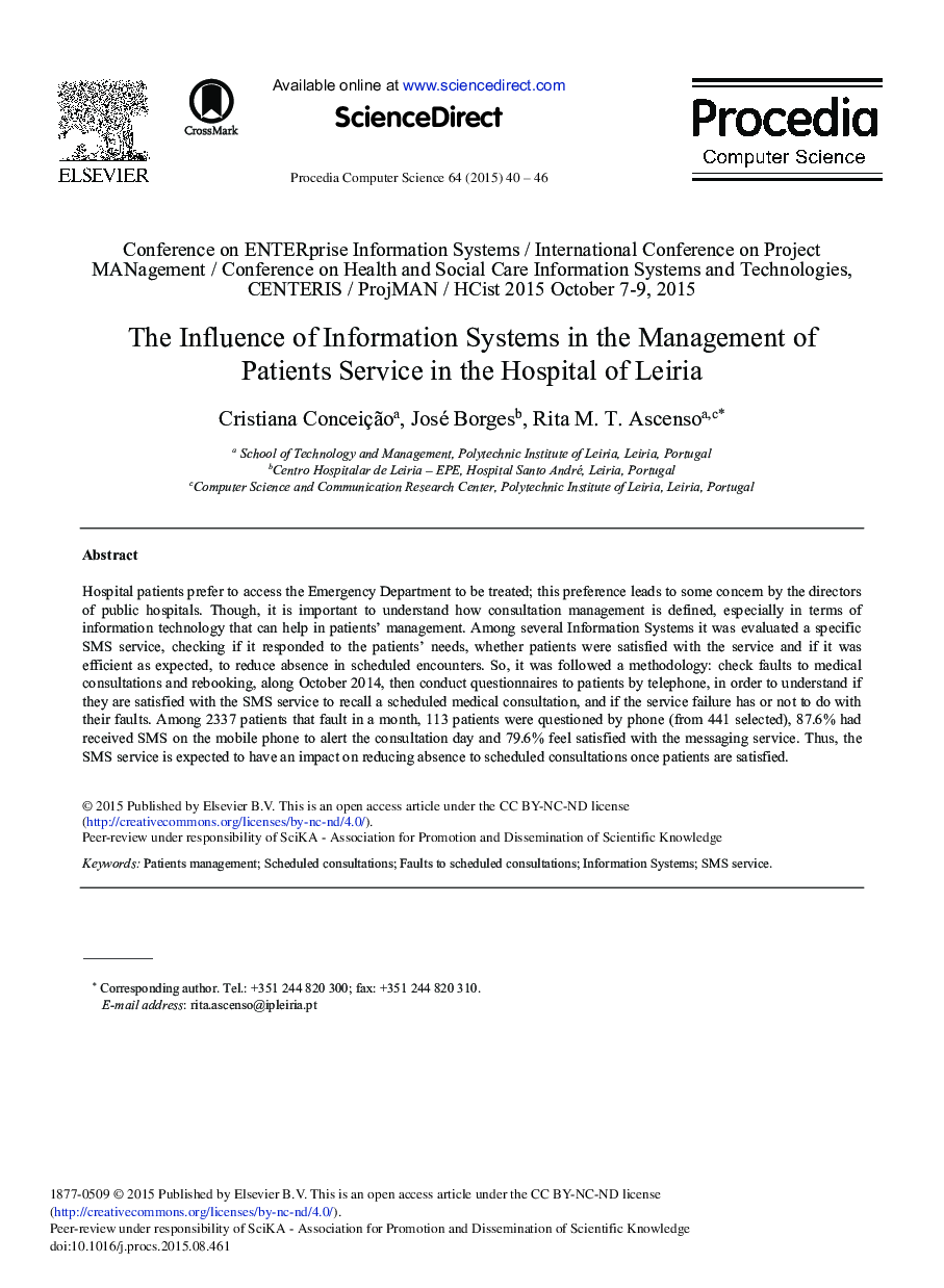 The Influence of Information Systems in the Management of Patients Service in the Hospital of Leiria 