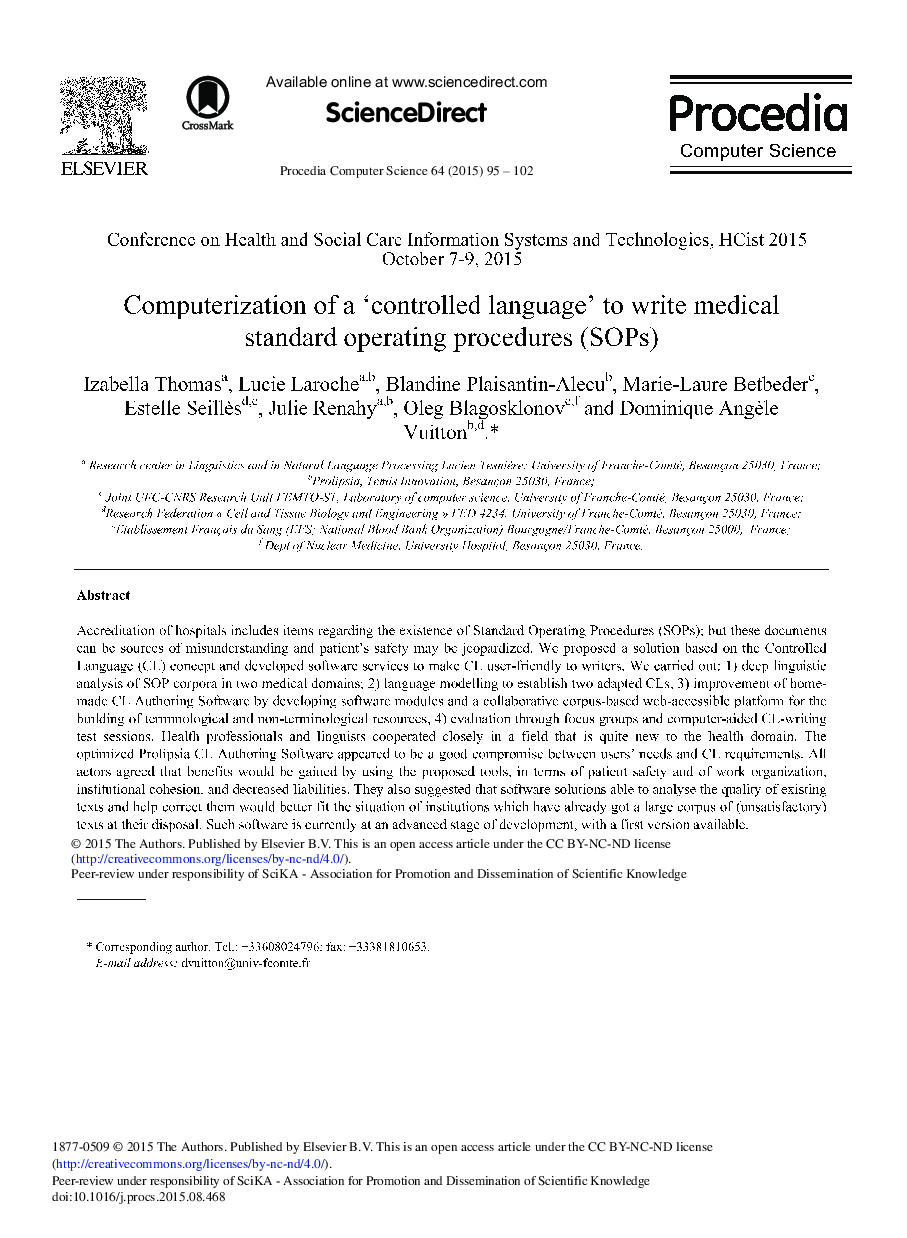 Computerization of a ‘Controlled Language’ to Write Medical Standard Operating Procedures (SOPs) 