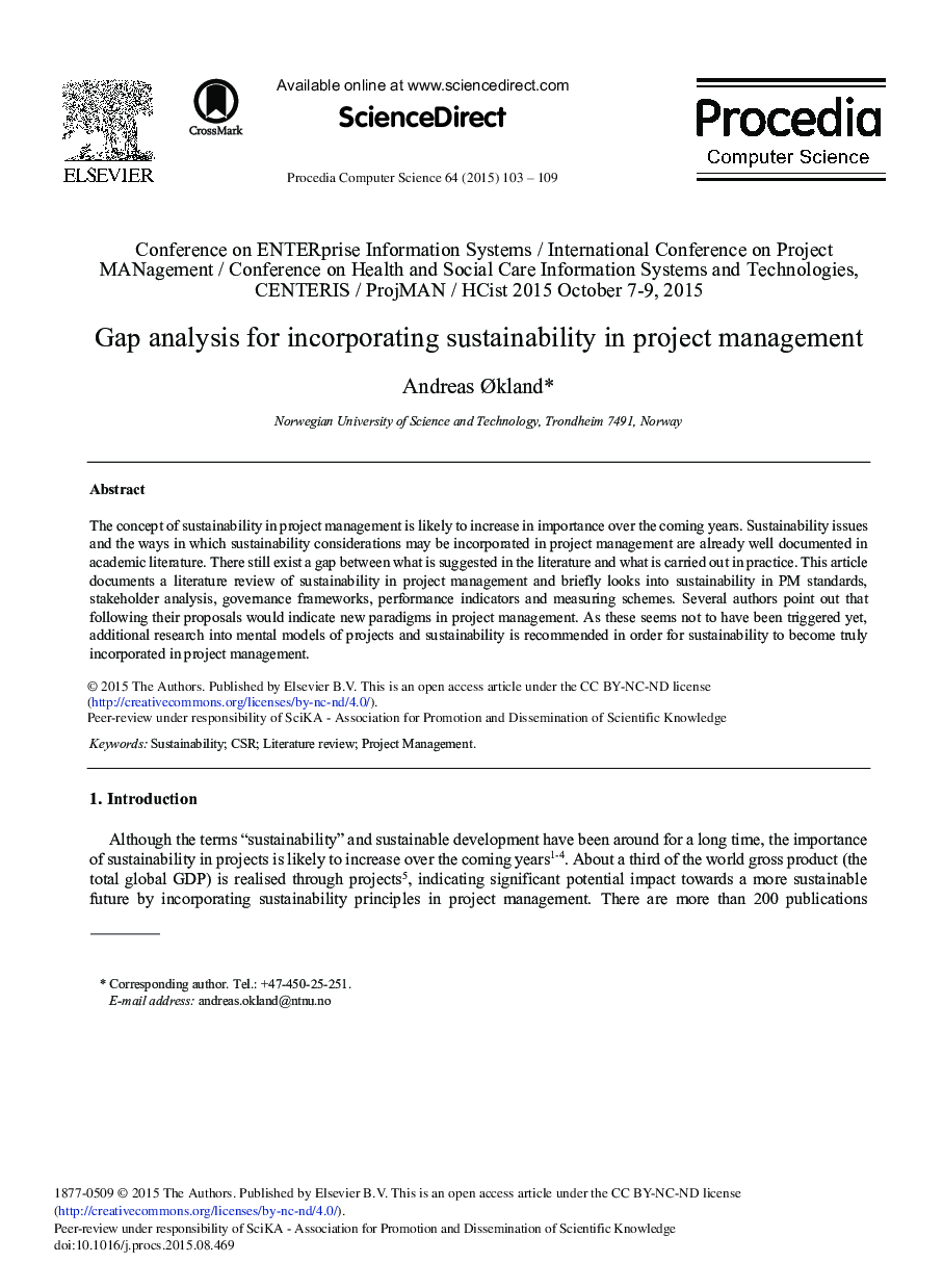 Gap Analysis for Incorporating Sustainability in Project Management 