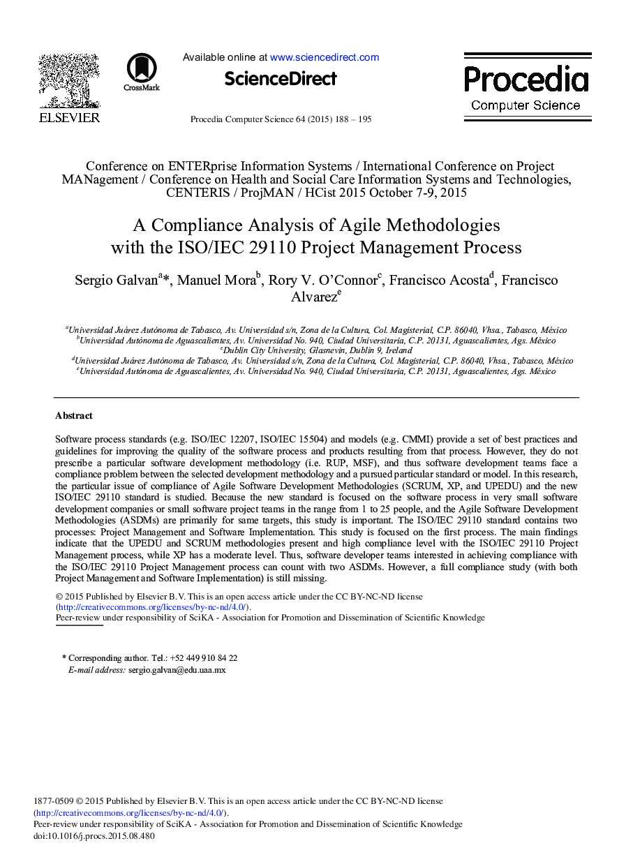 A Compliance Analysis of Agile Methodologies with the ISO/IEC 29110 Project Management Process 