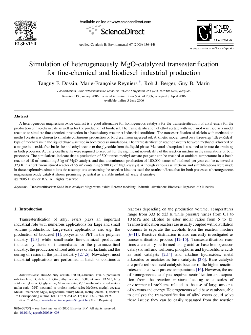 Simulation of heterogeneously MgO-catalyzed transesterification for fine-chemical and biodiesel industrial production