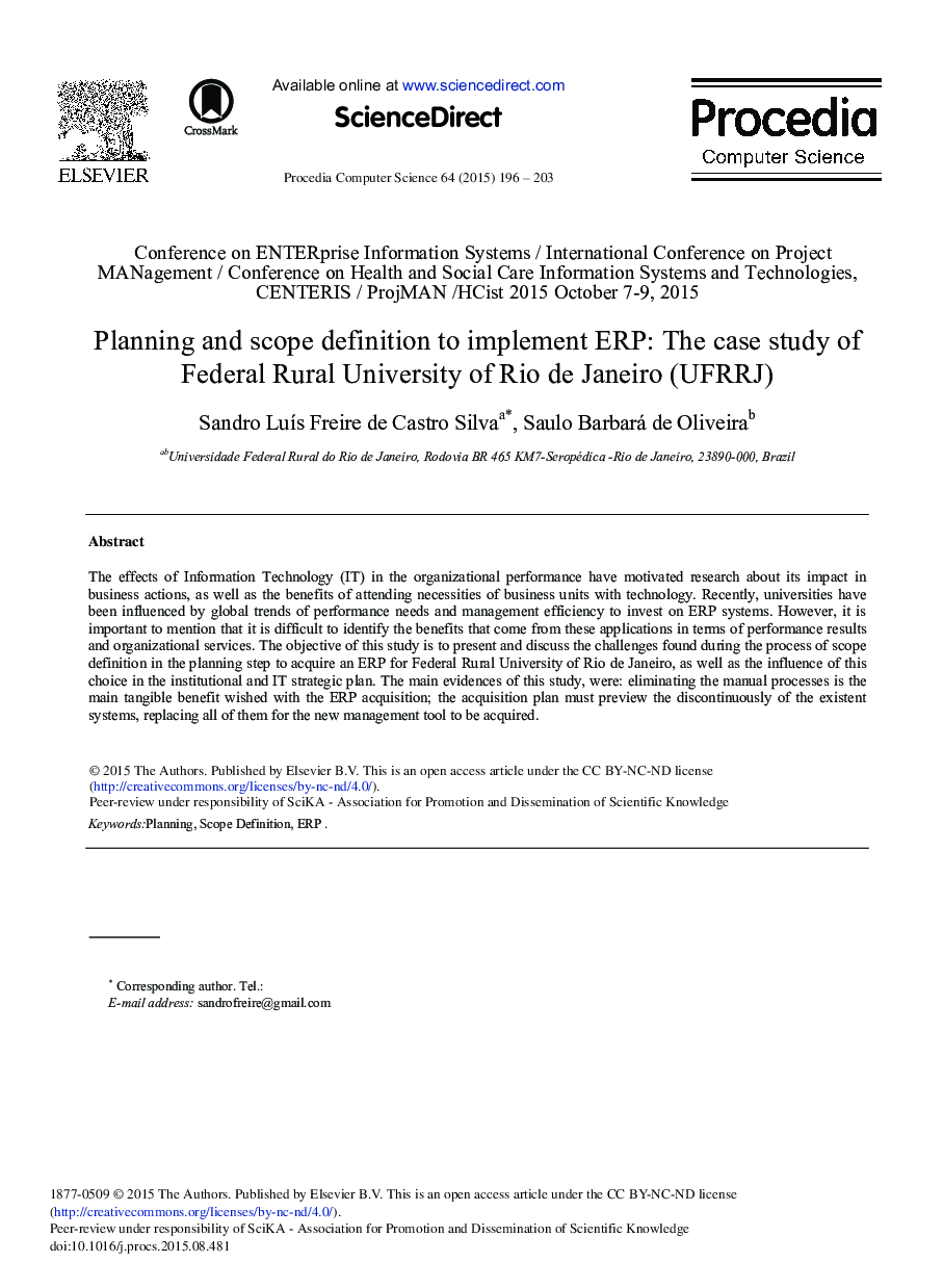Planning and Scope Definition to Implement ERP: The Case Study of Federal Rural University of Rio de Janeiro (UFRRJ) 