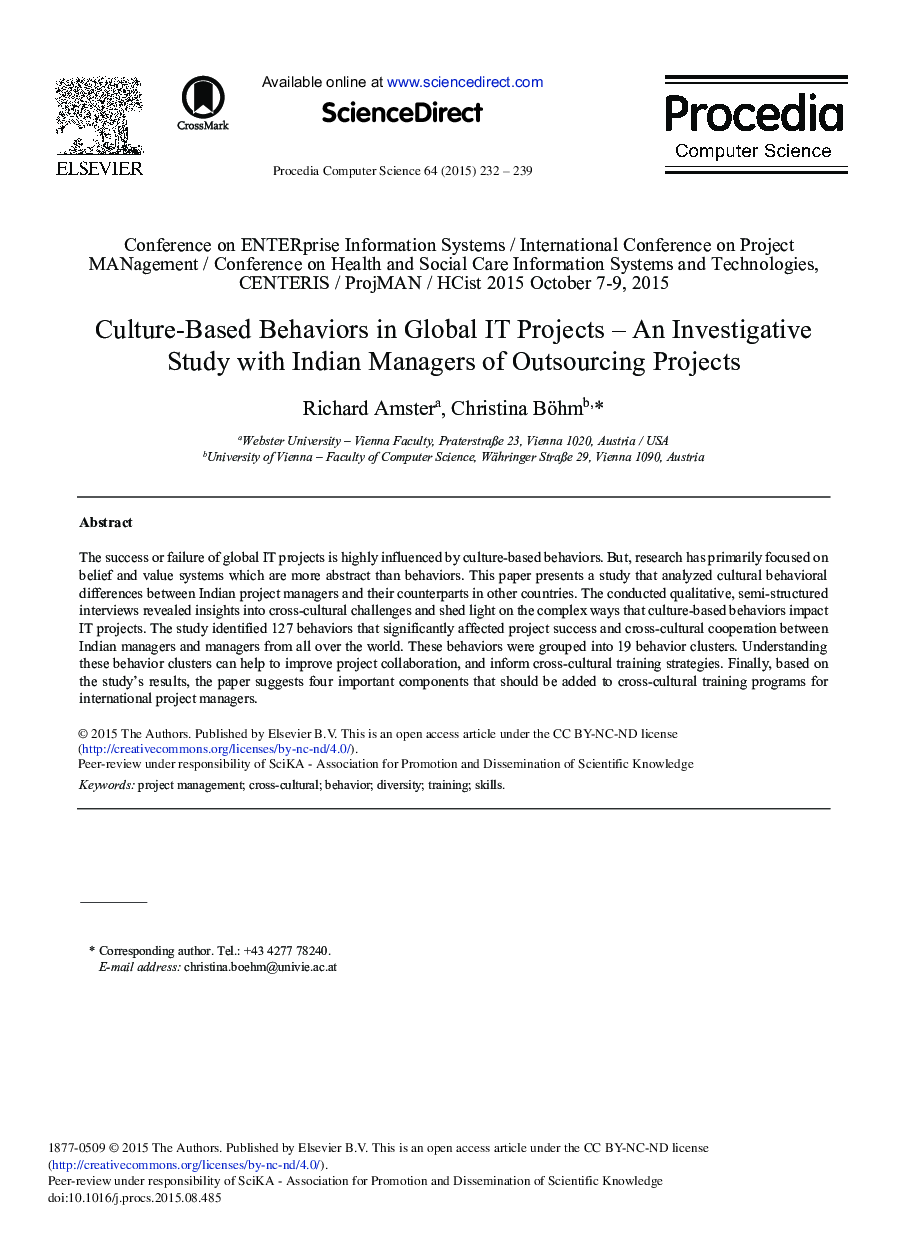 Culture-Based Behaviors in Global IT Projects – An Investigative Study with Indian Managers of Outsourcing Projects 