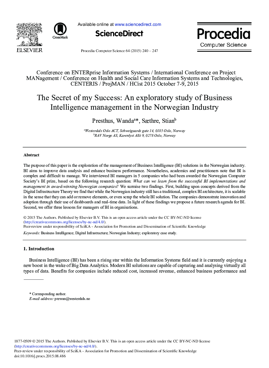 The Secret of my Success: An exploratory study of Business Intelligence management in the Norwegian Industry 