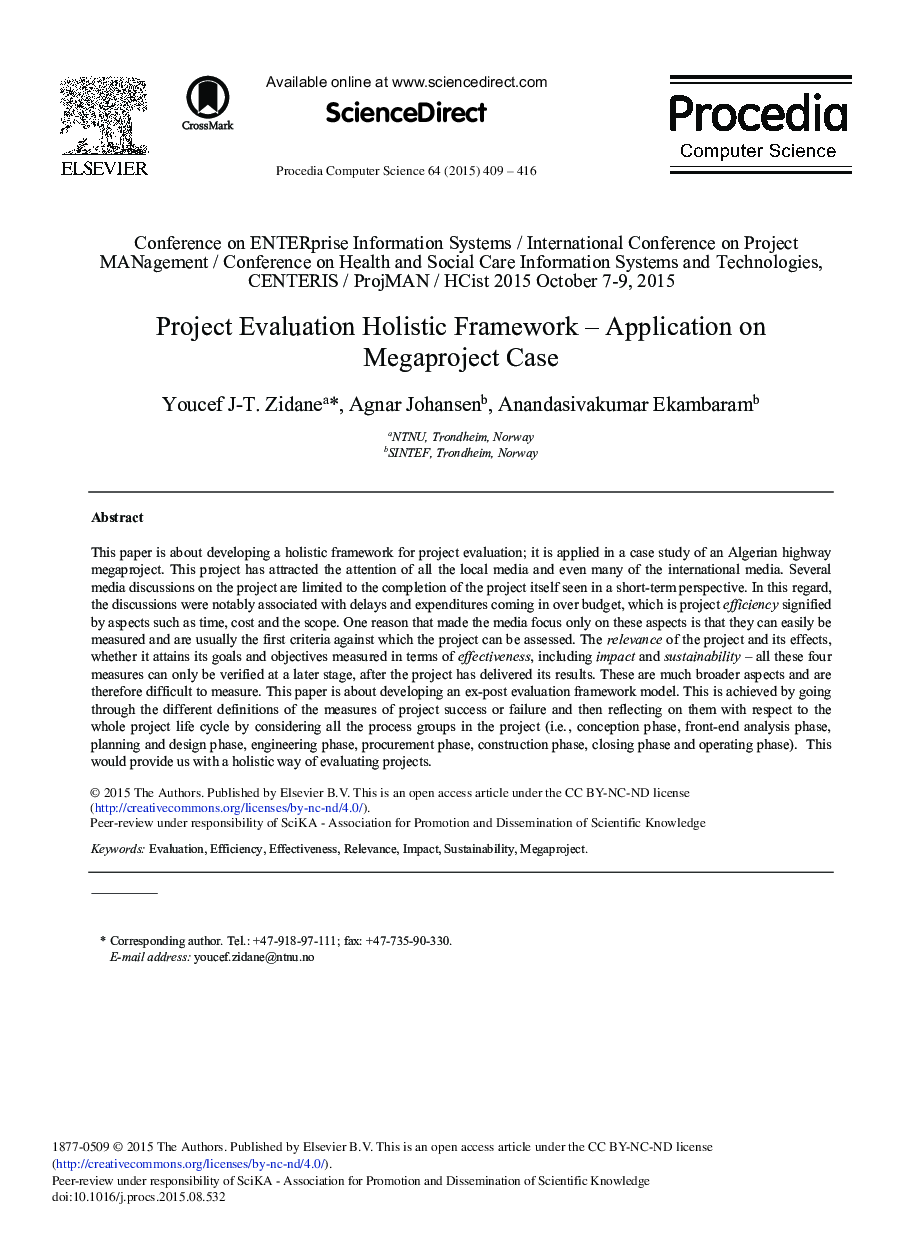 Project Evaluation Holistic Framework – Application on Megaproject Case 