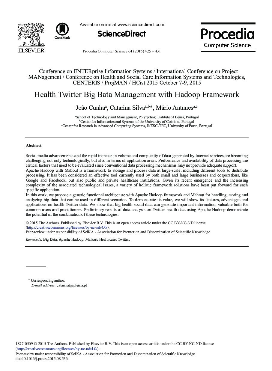 Health Twitter Big Bata Management with Hadoop Framework 