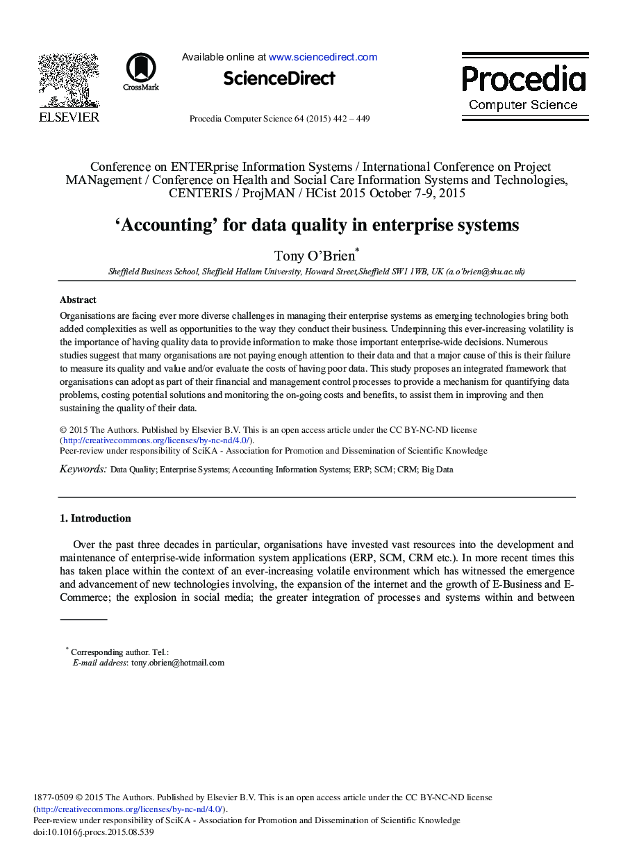‘Accounting’ for Data Quality in Enterprise Systems 