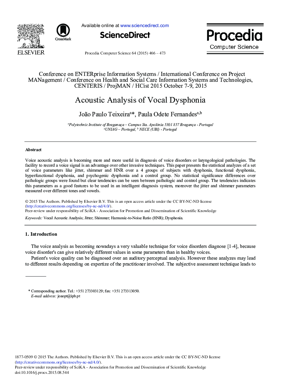 Acoustic Analysis of Vocal Dysphonia 