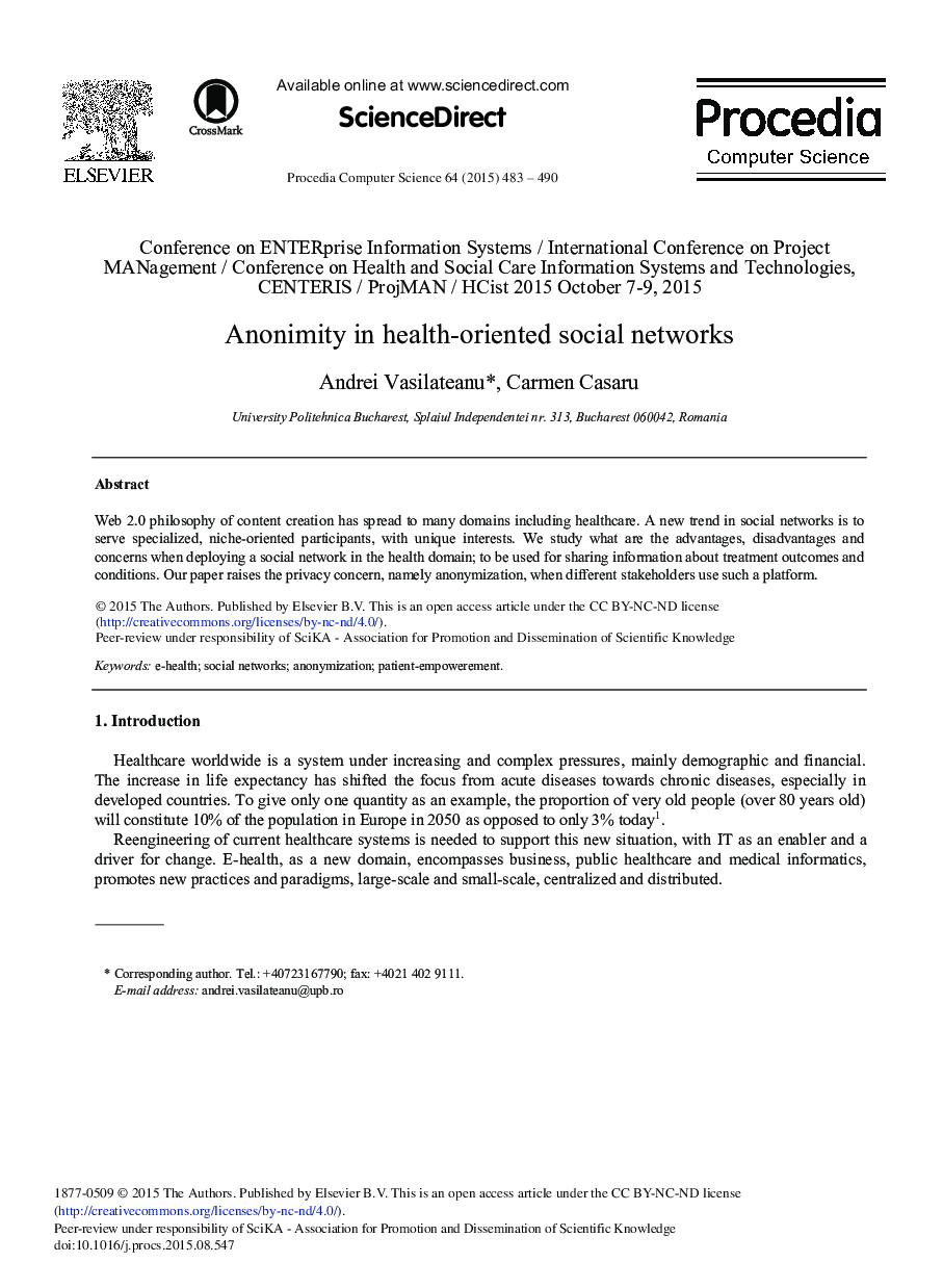 Anonimity in Health-oriented Social Networks 
