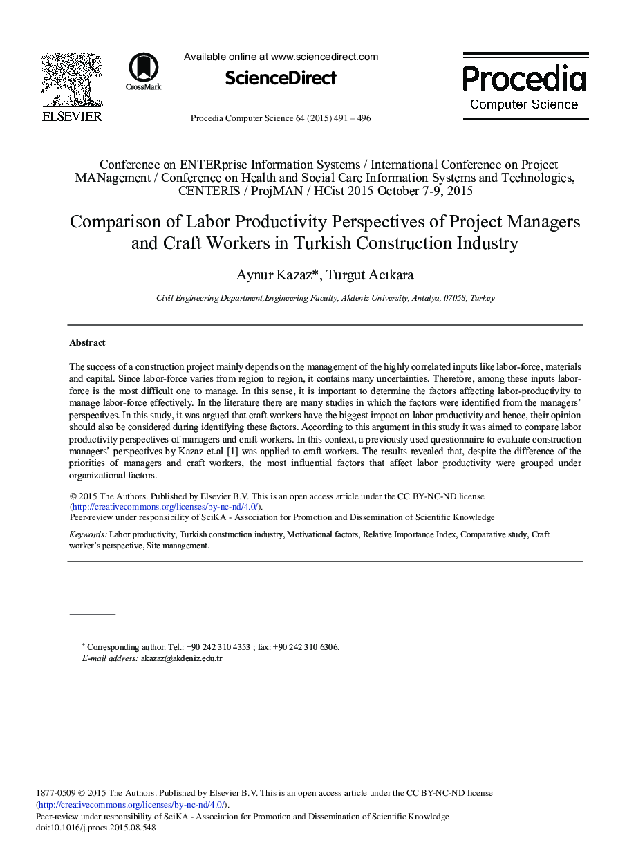 Comparison of Labor Productivity Perspectives of Project Managers and Craft Workers in Turkish Construction Industry 