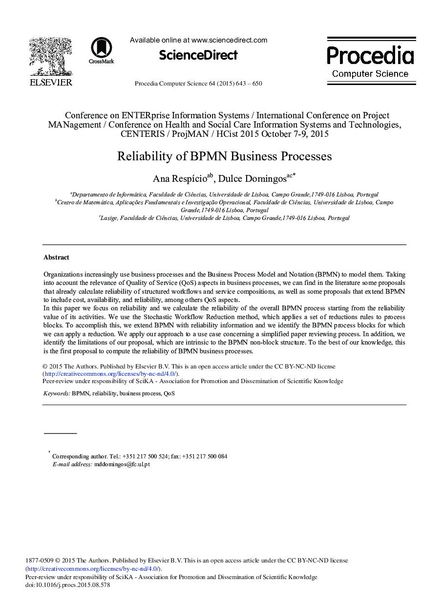 Reliability of BPMN Business Processes 