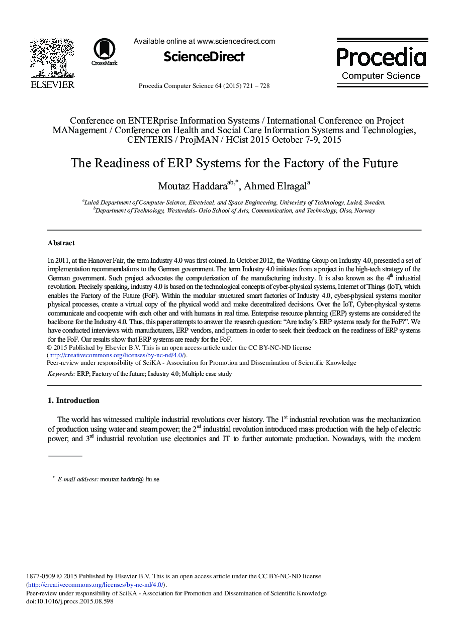 The Readiness of ERP Systems for the Factory of the Future 