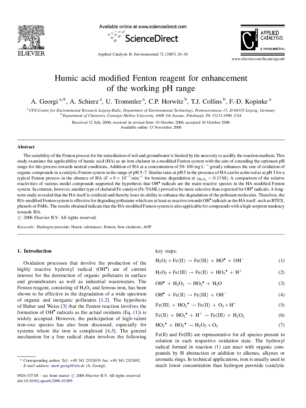 Humic acid modified Fenton reagent for enhancement of the working pH range