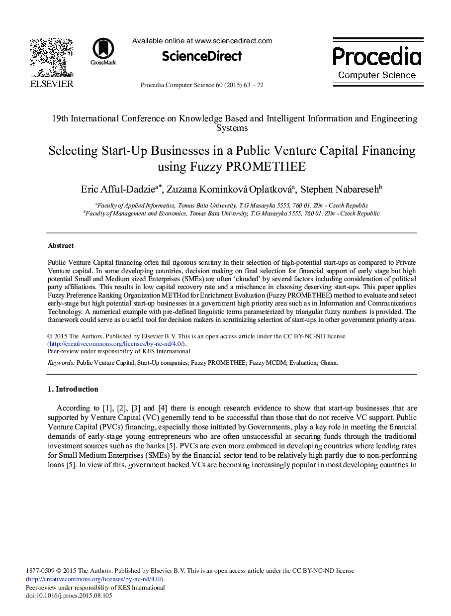 Selecting Start-Up Businesses in a Public Venture Capital Financing using Fuzzy PROMETHEE 