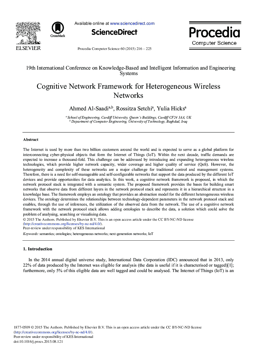 Cognitive Network Framework for Heterogeneous Wireless Networks 