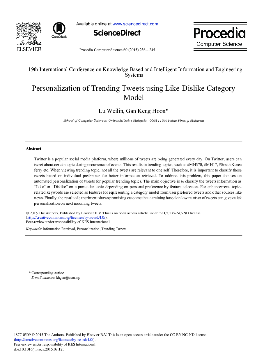 Personalization of Trending Tweets using Like-dislike Category Model 